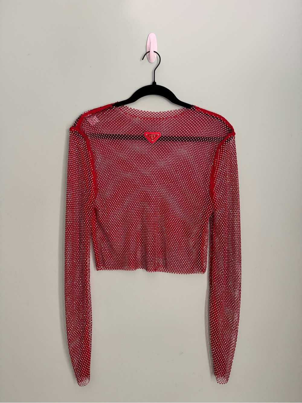 Men’s MCE Sheer Mesh Rhinestone Long-Sleeve Crop Top in Ruby Red - Size Large